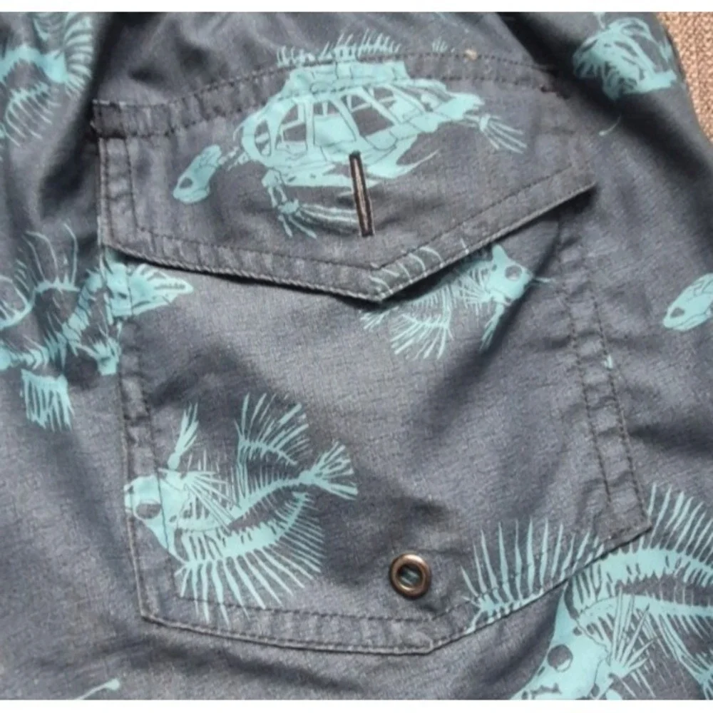 St Johns Bay men's‎ blue skeleton fish print swim trunks Medium mesh lining